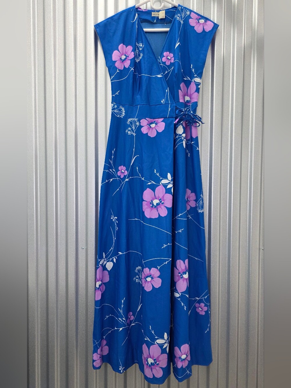 Vintage Hawaiian Maxi Dress Womens 14 Blue Purple Floral Aloha Vacation Summer